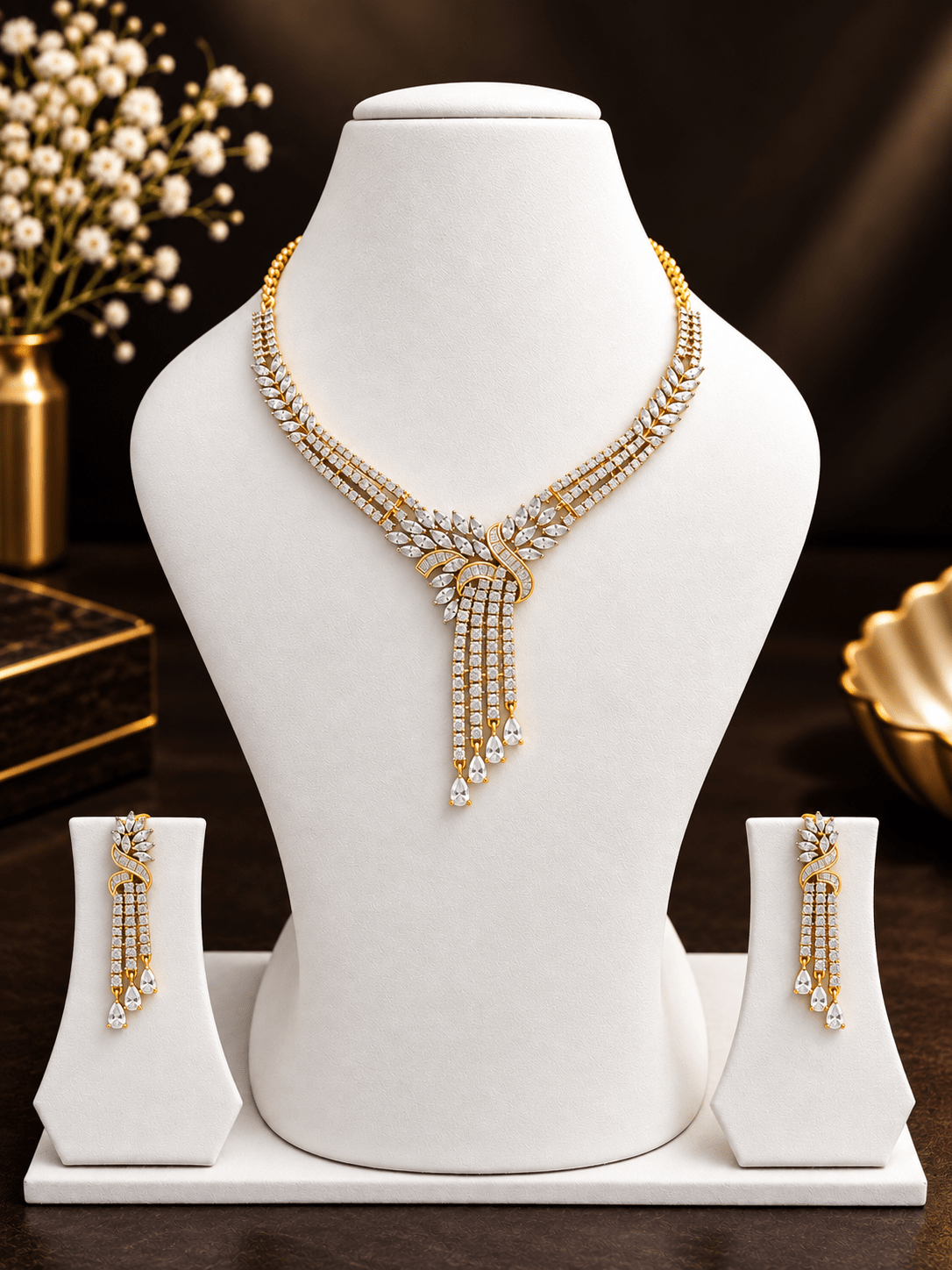 Elegant Gold-Tone Crystal Necklace & Earrings Set for Women - bhavmayi