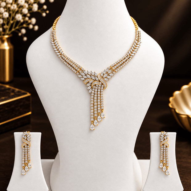 Elegant Gold-Tone Crystal Necklace & Earrings Set for Women - bhavmayi