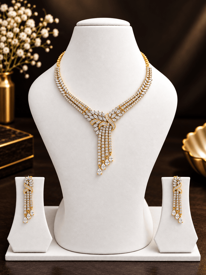 Elegant Gold-Tone Crystal Necklace & Earrings Set for Women - bhavmayi