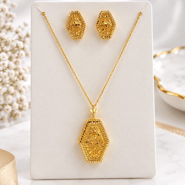 Elegant Gold-Tone Hexagon Pendant Necklace & Matching Earrings Set for Women - bhavmayi