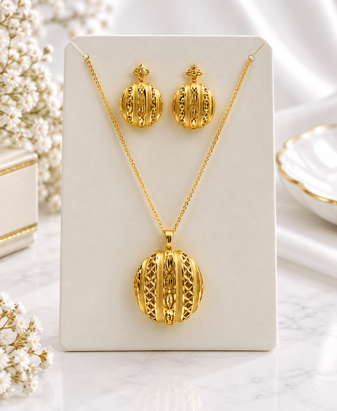 Elegant Gold-Tone Round Pendant Necklace & Matching Earrings Set for Women - bhavmayi