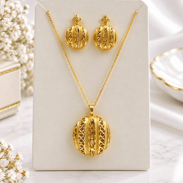 Elegant Gold-Tone Round Pendant Necklace & Matching Earrings Set for Women - bhavmayi
