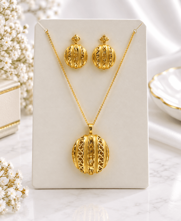 Elegant Gold-Tone Round Pendant Necklace & Matching Earrings Set for Women - bhavmayi