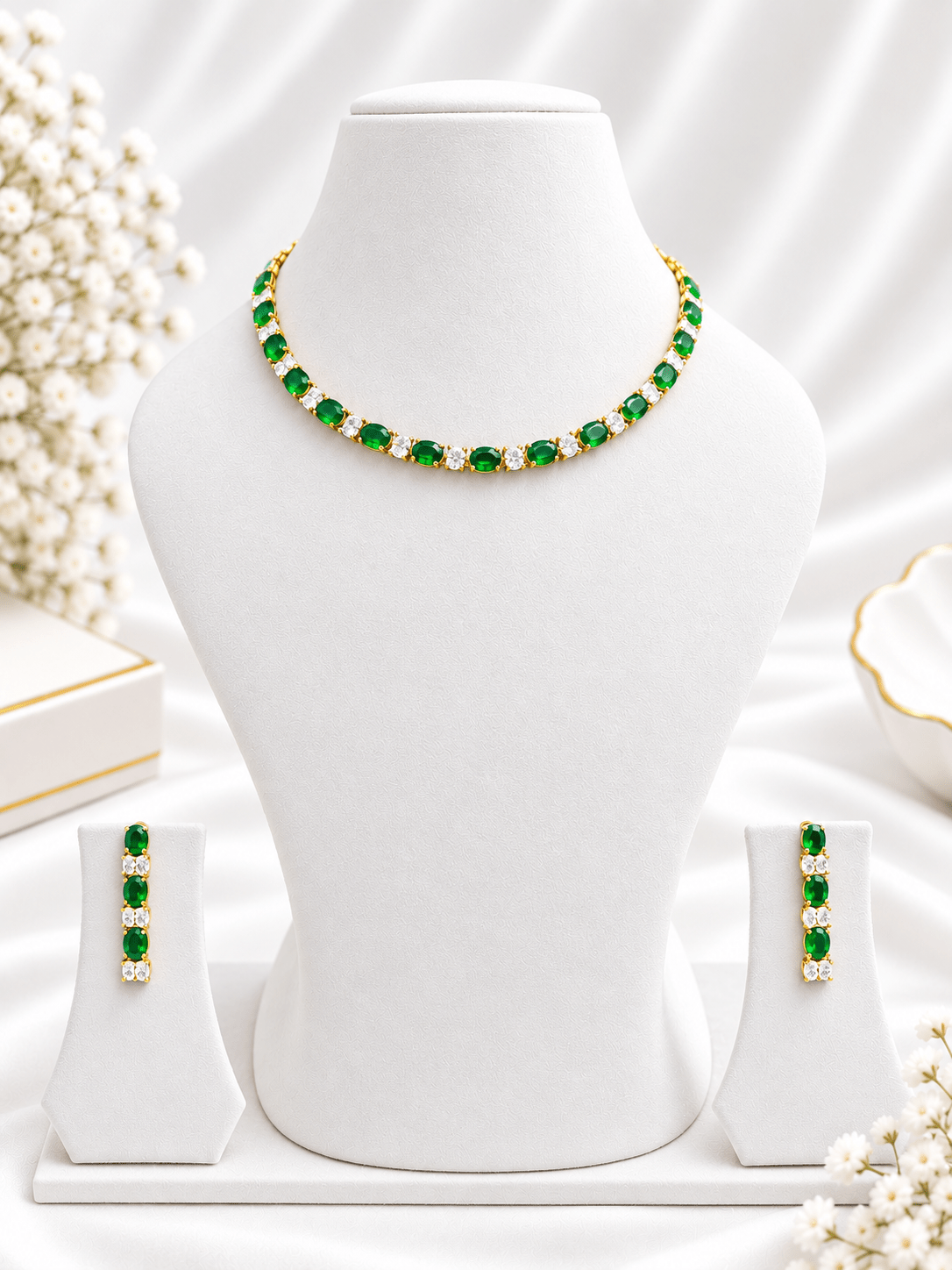 Elegant Green Emerald Necklace & Earrings Jewellery Set for Women - bhavmayi