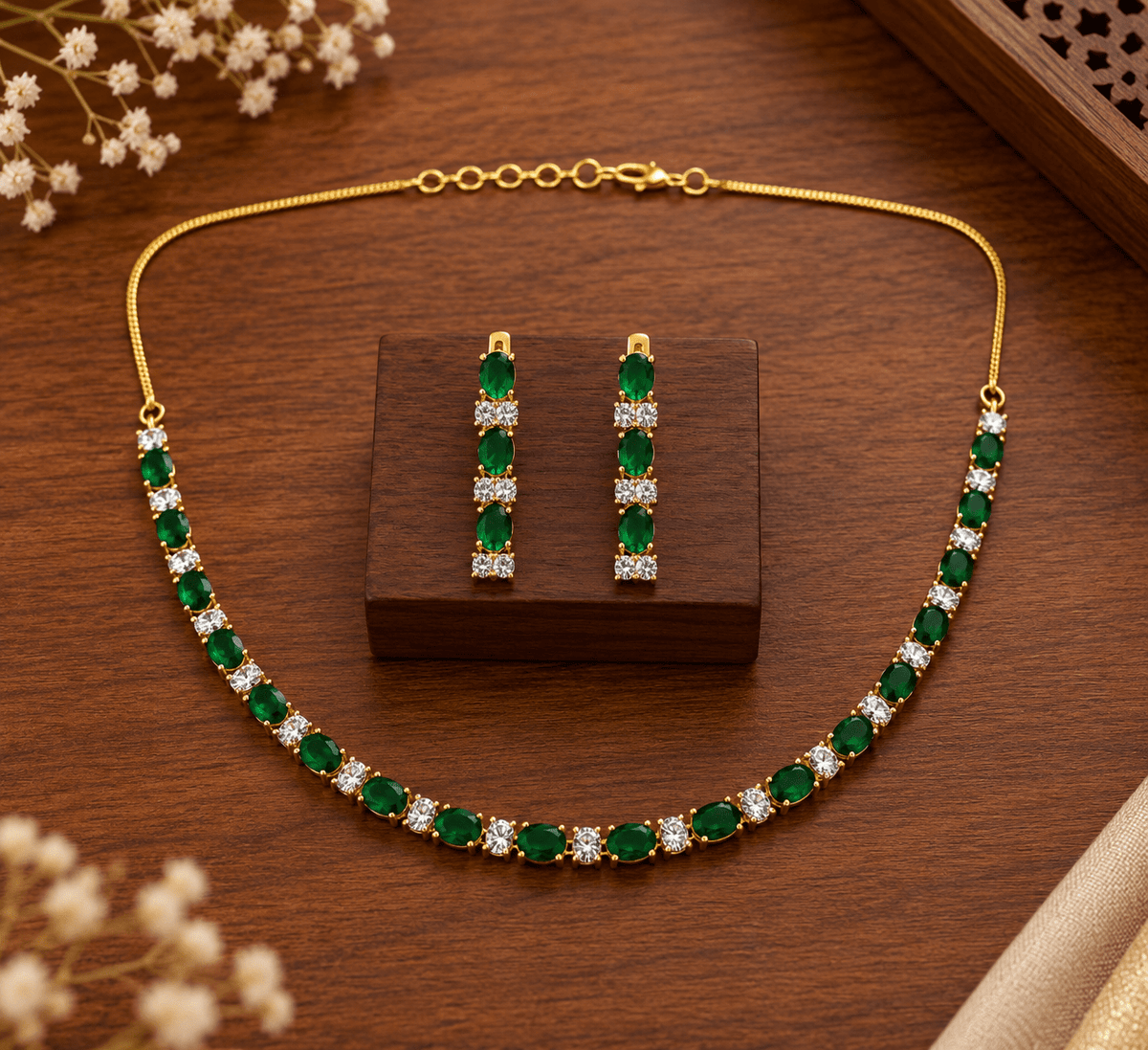 Elegant Green Emerald Necklace & Earrings Jewellery Set for Women - bhavmayi