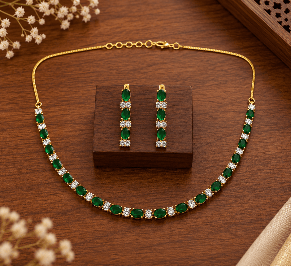 Elegant Green Emerald Necklace & Earrings Jewellery Set for Women - bhavmayi