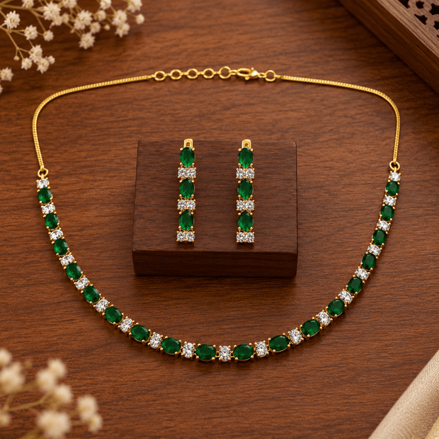 Elegant Green Emerald Necklace & Earrings Jewellery Set for Women - bhavmayi