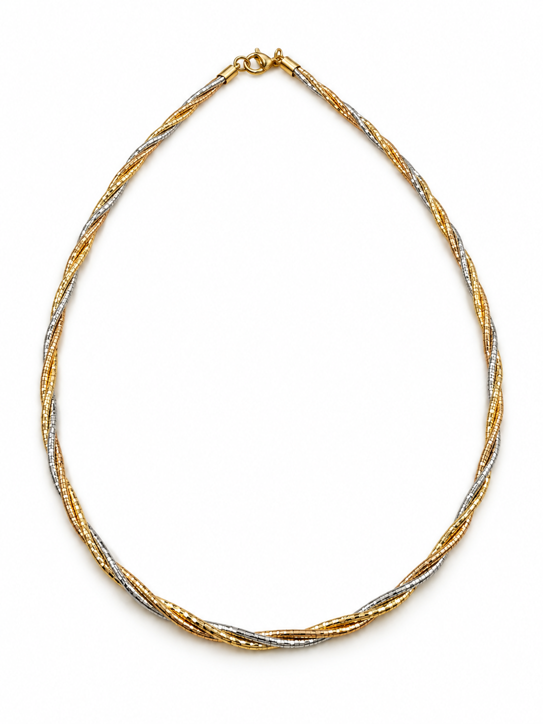 Delicate gold and silver-tone multi-strand chain necklace with an intertwined twisted-link pattern and clasp closure, displayed on a black necklace stand.