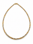 Delicate gold and silver-tone multi-strand chain necklace with an intertwined twisted-link pattern and clasp closure, displayed on a black necklace stand.