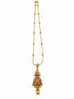 Gold-tone temple necklace set displayed on a white jewellery bust, featuring a decorative pendant with green and magenta accents, a beaded chain, and matching triangular drop earrings.