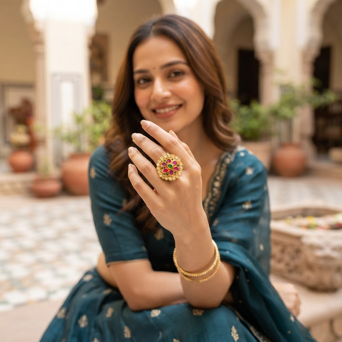 Bhavmayi Gold-Plated Multicolor Kundan Statement Ring