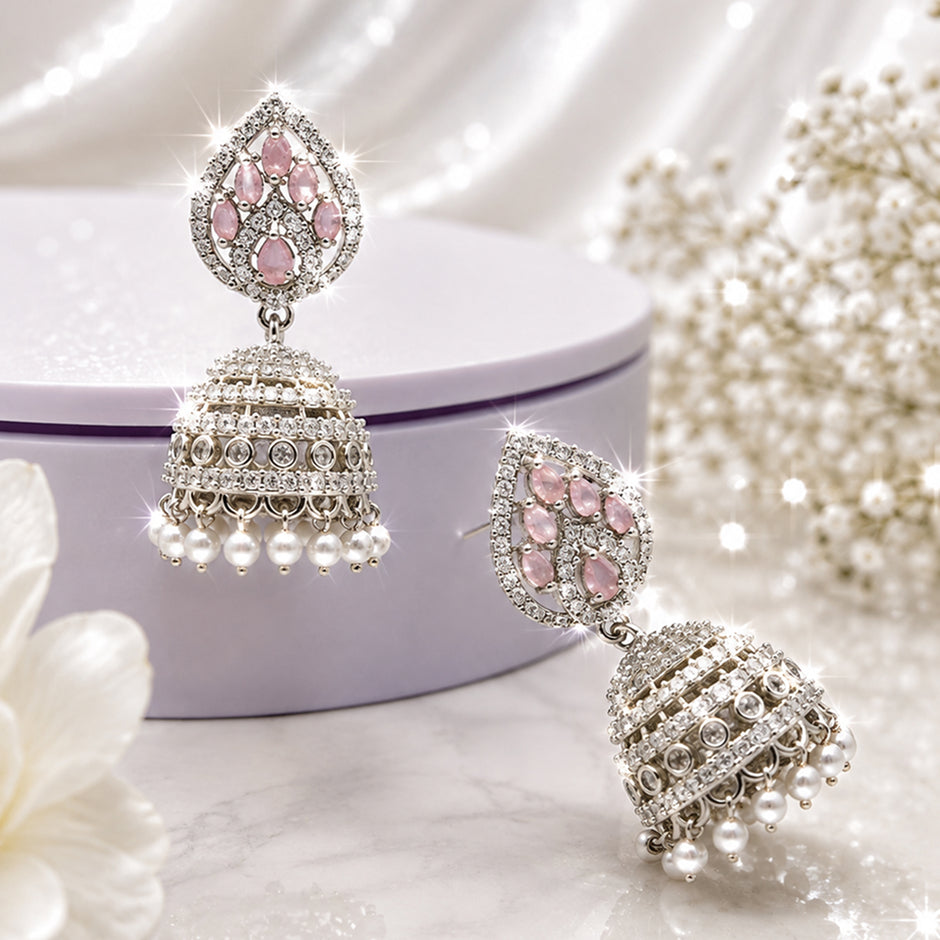 Bhavmayi Silver-Plated Pink Stone Pearl Jhumka Earrings