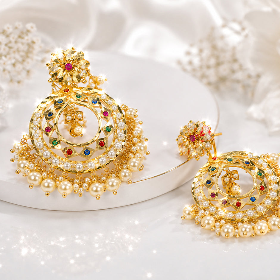Bhavmayi Gold-Plated Multicolor Kundan Pearl Jhumka Earrings