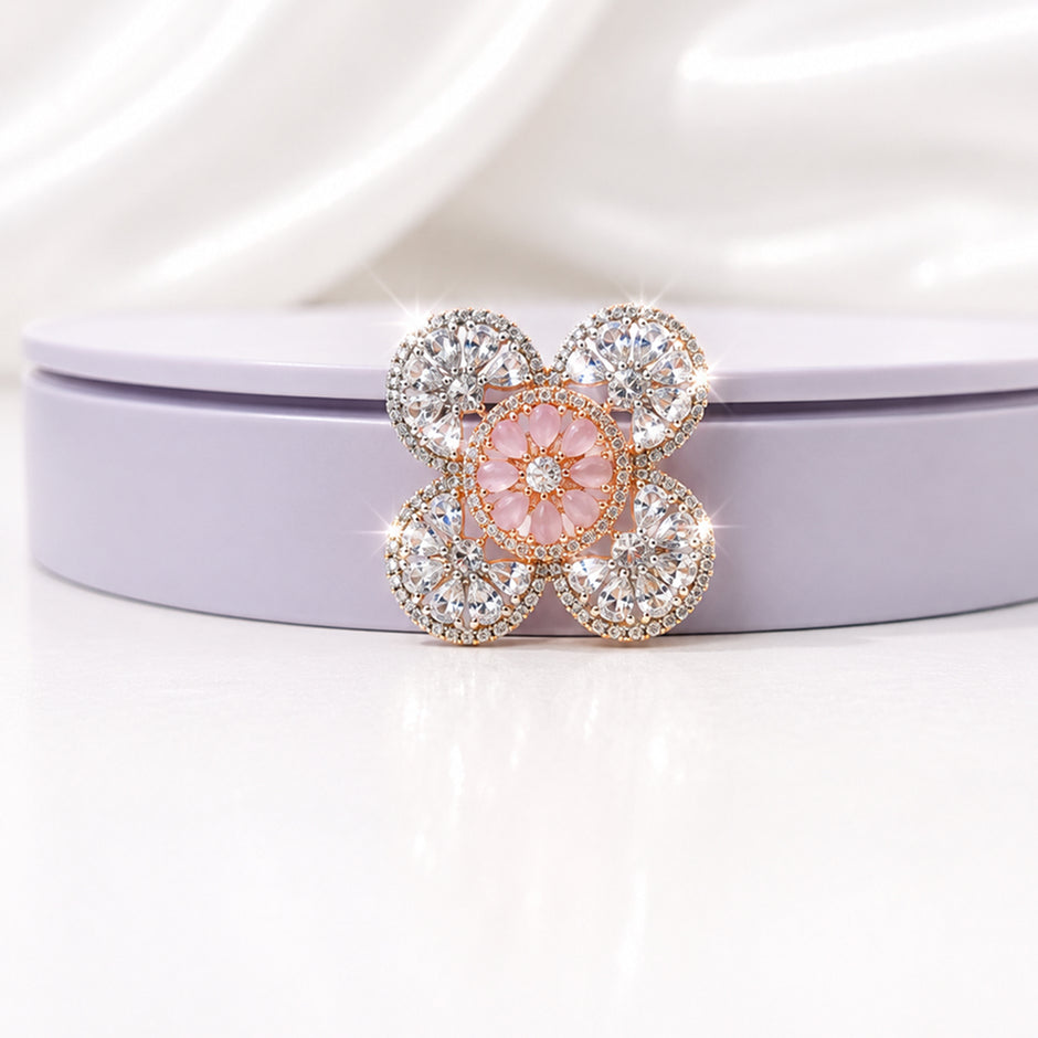 Bhavmayi Silver-Tone Pink Floral Crystal Ring