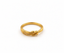 Gold-tone knot ring featuring intertwined curved loops, a row of small clear stones and dark accents, shown on a finger and from the side. - bhavmayi