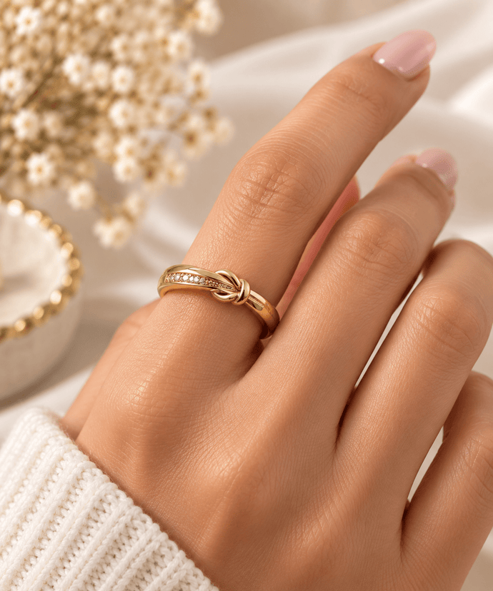 Gold-tone knot ring featuring intertwined curved loops, a row of small clear stones and dark accents, shown on a finger and from the side. - bhavmayi