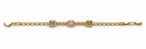 Gold-tone link bracelet with three rectangular purple, pink and green stones in square clear-stone settings, shown from the front and reverse. - bhavmayi