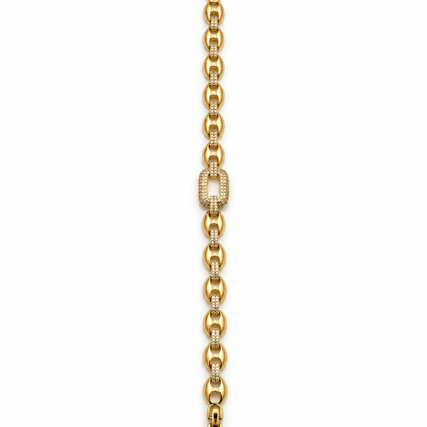 Gold-tone link bracelet with three rectangular purple, pink and green stones in square clear-stone settings, shown from the front and reverse. - bhavmayi
