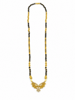 Gold-tone mangalsutra necklace with black bead chain, symmetrical leaf-shaped centerpiece, clear stone embellishments and a decorative central drop detail, displayed on a white background. - bhavmayi