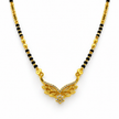 Gold-tone mangalsutra necklace with black bead chain, symmetrical leaf-shaped centerpiece, clear stone embellishments and a decorative central drop detail, displayed on a white background. - bhavmayi