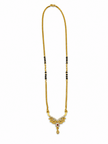 Gold-tone mangalsutra necklace with black beads, symmetrical floral leaf-shaped centerpiece, clear decorative stones, red center accent, and dangling teardrop pendant on a white background. - bhavmayi