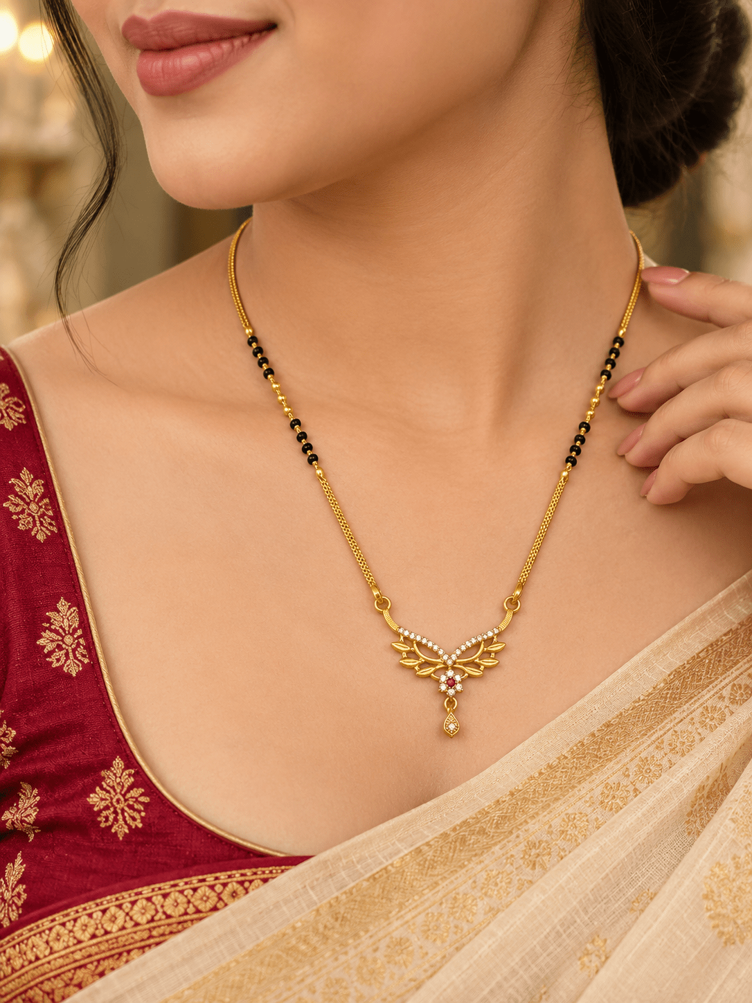 Gold-tone mangalsutra necklace with black beads, symmetrical floral leaf-shaped centerpiece, clear decorative stones, red center accent, and dangling teardrop pendant on a white background. - bhavmayi
