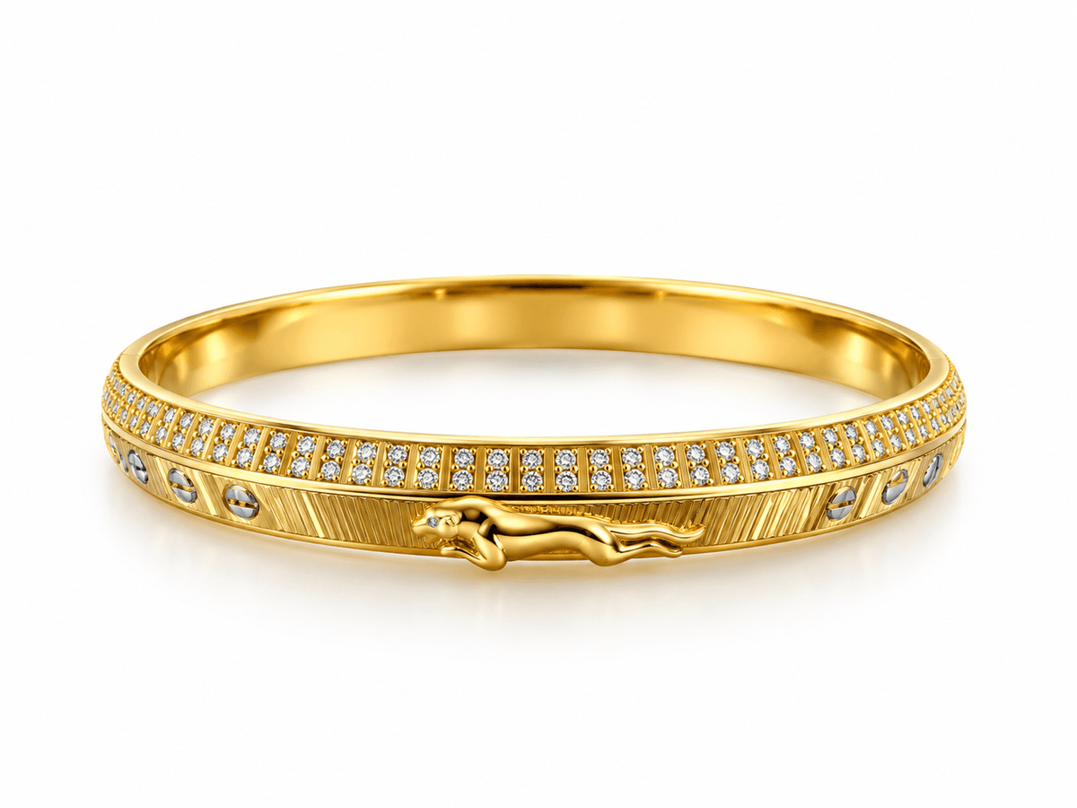 Gold-tone men's kada with panther motif and silver-tone stone detailing - bhavmayi
