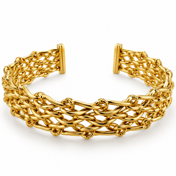 Golden cuff bracelet featuring layered interwoven links and an open mesh-style design