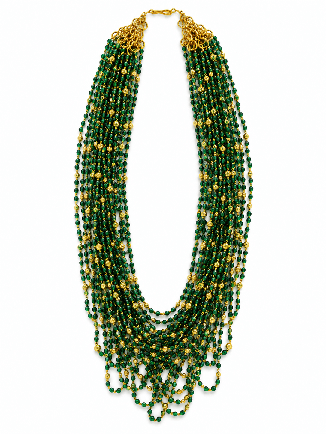 Green beaded necklace with small gold-tone connecting elements and a gold-tone clasp, displayed in a rounded elongated shape on a white jewellery display and against an elegant neutral background. - bhavmayi