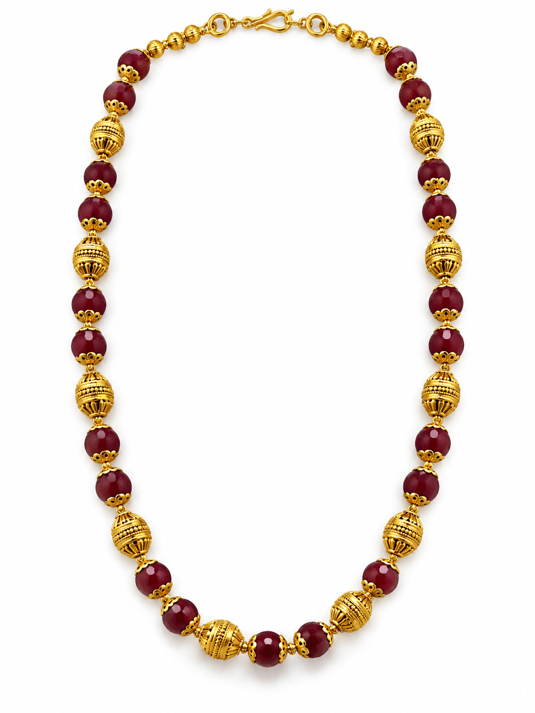 Long maroon beaded necklace with glossy rounded beads, ornate gold-tone barrel-shaped beads, floral-style bead caps and a hook-style clasp, shown from two angles. - bhavmayi