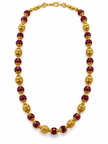 Long maroon beaded necklace with glossy rounded beads, ornate gold-tone barrel-shaped beads, floral-style bead caps and a hook-style clasp, shown from two angles. - bhavmayi