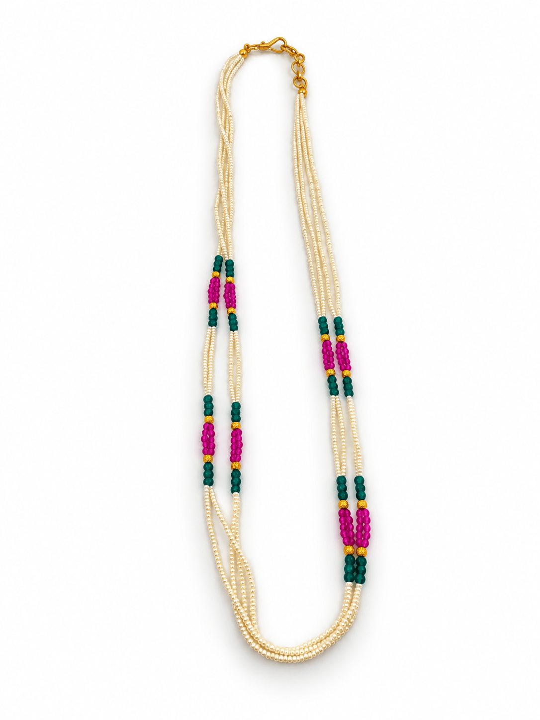Long multistrand ivory-white pearl-style beaded necklace with green and magenta pink bead sections, gold-tone decorative accents and a hook-style clasp, shown from two angles. - bhavmayi