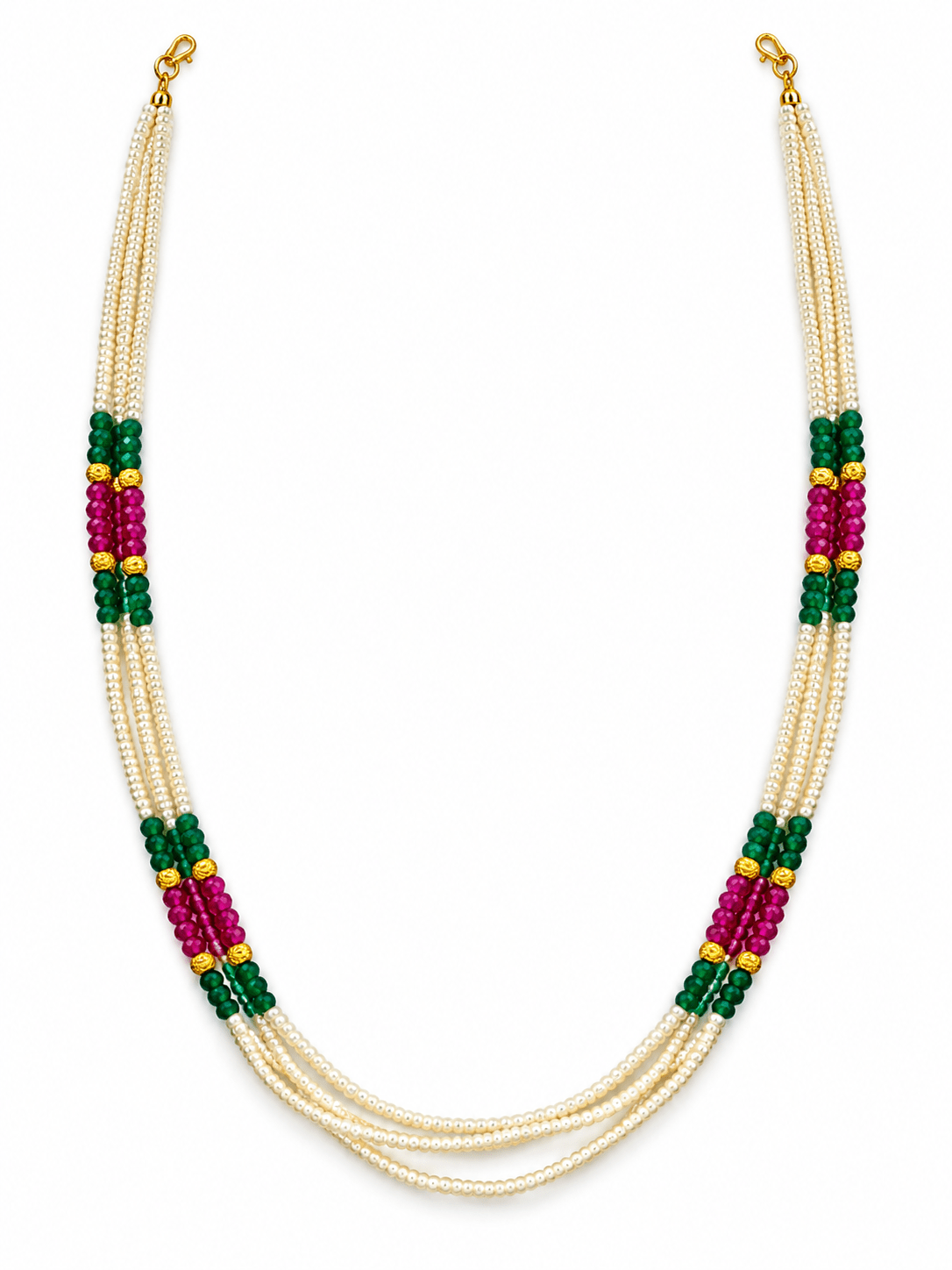 Long multistrand ivory-white pearl-style beaded necklace with green and magenta pink bead sections, gold-tone decorative accents and a hook-style clasp, shown from two angles. - bhavmayi