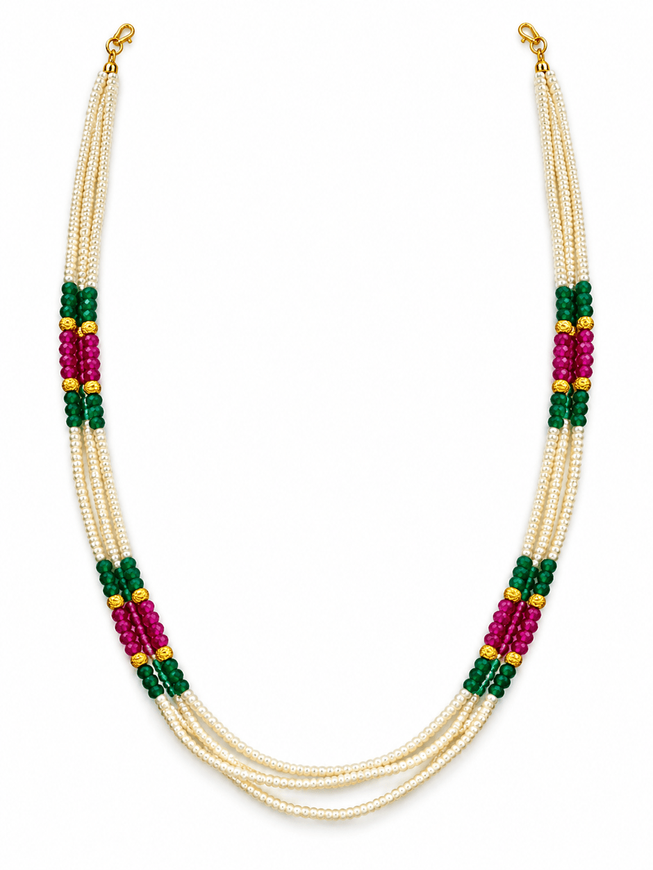 Long multistrand ivory-white pearl-style beaded necklace with green and magenta pink bead sections, gold-tone decorative accents and a hook-style clasp, shown from two angles. - bhavmayi