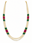 Long multistrand ivory-white pearl-style beaded necklace with green and magenta pink bead sections, gold-tone decorative accents and a hook-style clasp, shown from two angles. - bhavmayi