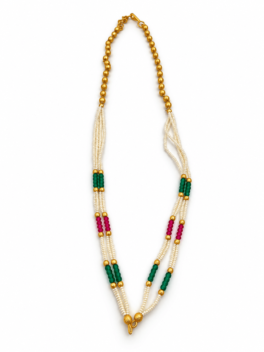Long multistrand ivory-white pearl-style necklace featuring round gold-tone beads, green and magenta bead sections, and a gold-tone hook clasp, shown from two angles. - bhavmayi