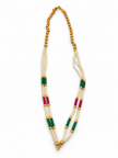 Long multistrand ivory-white pearl-style necklace featuring round gold-tone beads, green and magenta bead sections, and a gold-tone hook clasp, shown from two angles. - bhavmayi