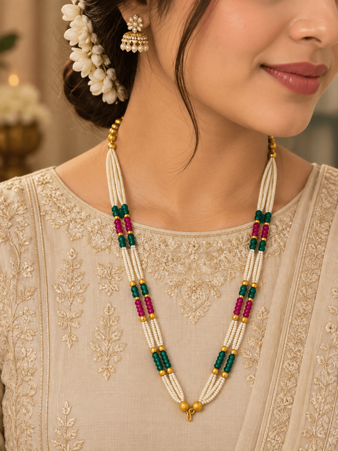 Long multistrand ivory-white pearl-style necklace featuring round gold-tone beads, green and magenta bead sections, and a gold-tone hook clasp, shown from two angles. - bhavmayi