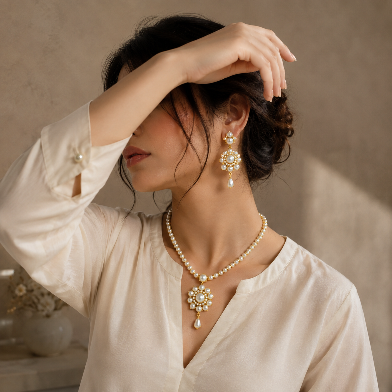 Bhavmayi Elegant and Classic Lustrous Pearl Floral Pendant Style Heritage Necklace Set with Earrings