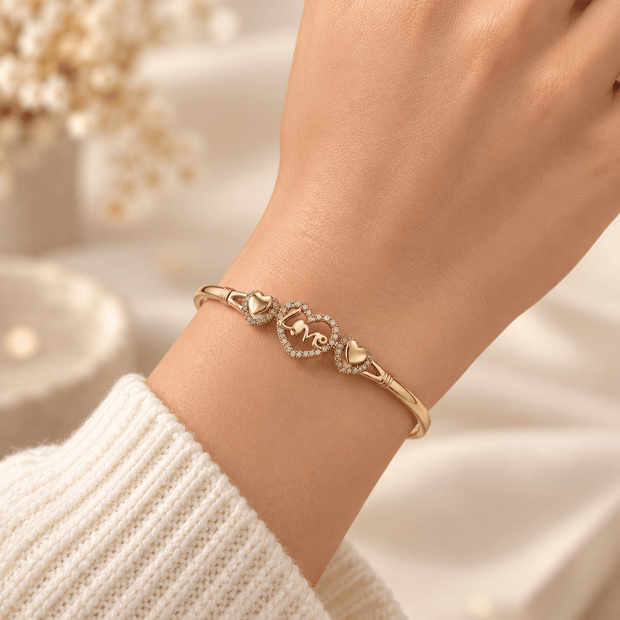 Bhavmayi bracelet designs featuring heart, Love and infinity-inspired motifs in golden and silver tones with clear accents