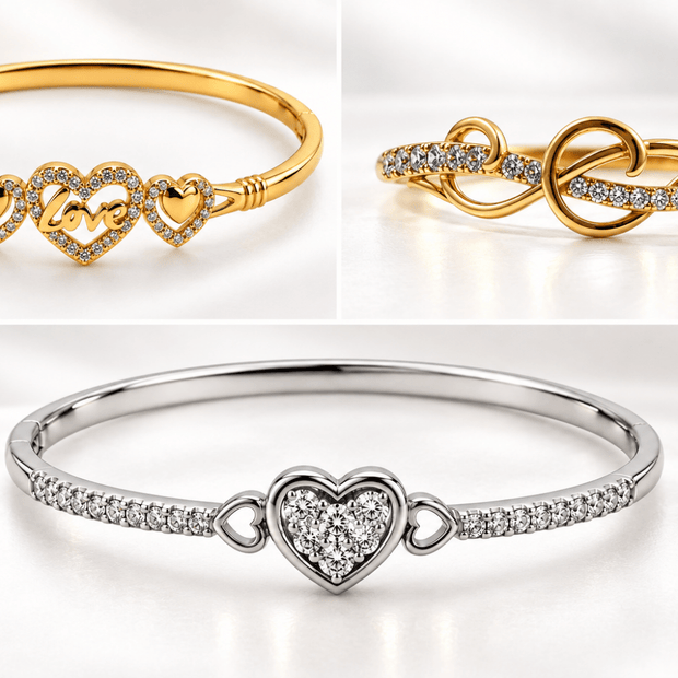 Bhavmayi bracelet designs featuring heart, Love and infinity-inspired motifs in golden and silver tones with clear accents