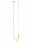 Slender golden chain necklace with repeating small geometric links displayed in a U shape and on a white necklace bust. - bhavmayi